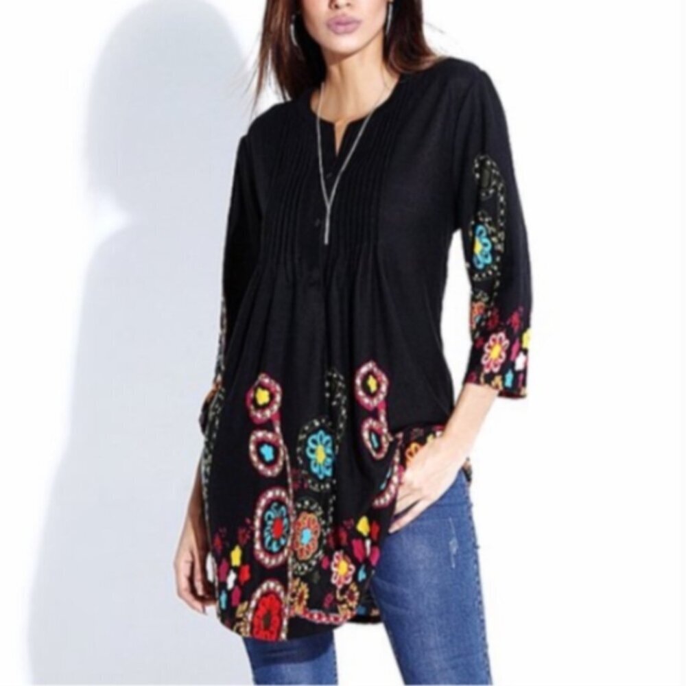 Reborn Black Garden Notch-Neck Tunic Dress Sz L‎ #101N
